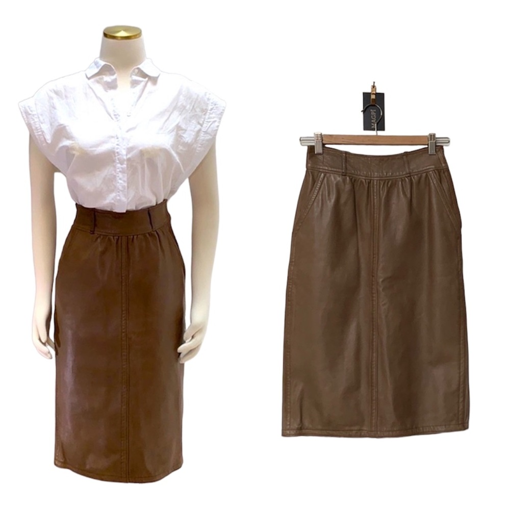 VERSACE Vintage Butter Leather Midi Pencil Skirt, Fawn, XS, Statement